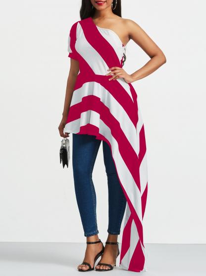 Oblique Collar Stripe Long Side Women's Blouse