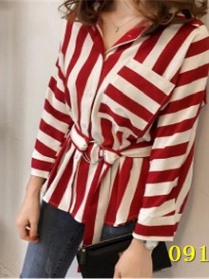 Self-tie Stripe Print Lapel Blouse