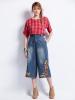 Floral Embroidery Wide Legs Mid-Calf Women's Jeans