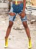 Hole Worn Plain Patchwork Women's Shorts Jeans