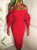 Slash Neck Slim Plain Heap Sleeve Bodycon Dress